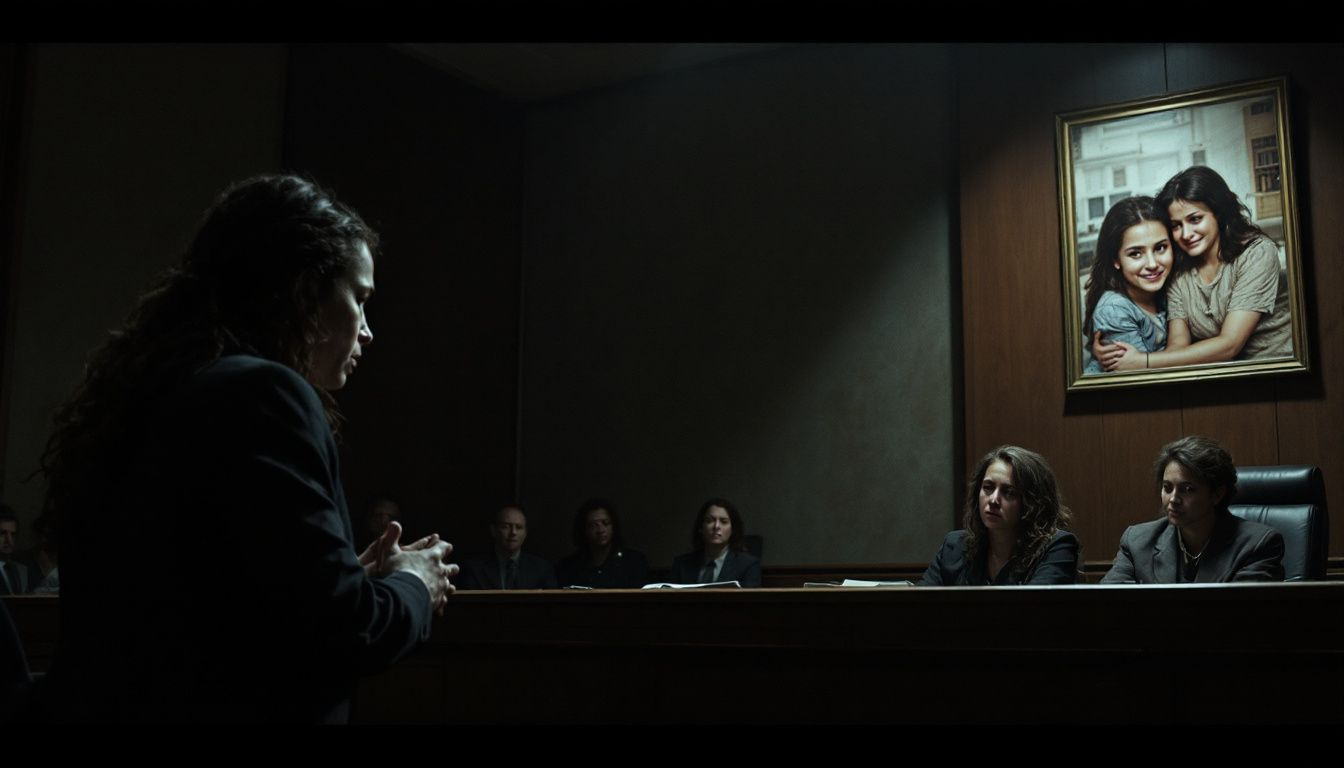 A person stands addressing a panel of three seated individuals in a dimly lit room, with a large framed photo of two smiling girls on the wall behind them.