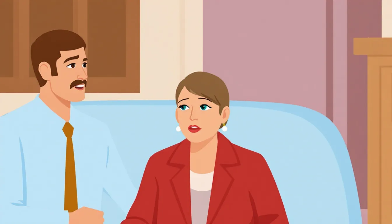 An illustrated man and woman sitting and engaged in conversation. The woman wears a red blazer, and the man is in a light blue shirt.