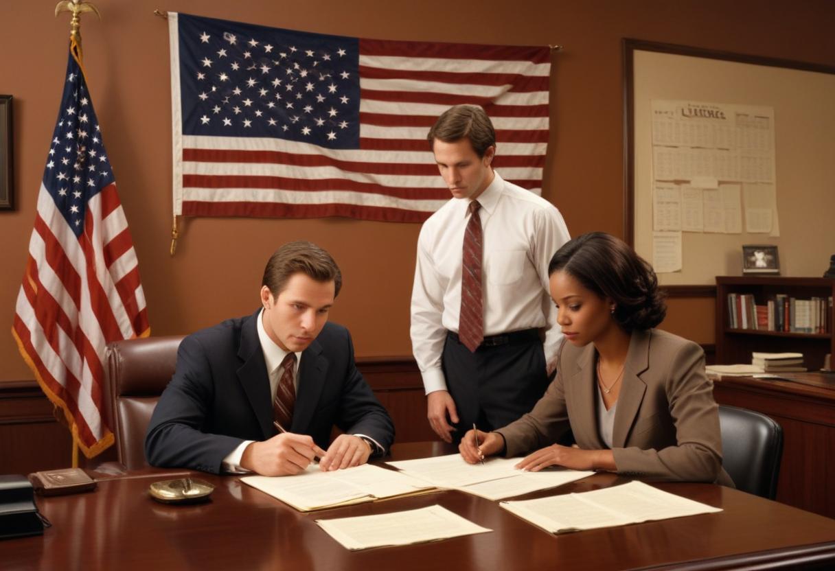 Three professionals are working at a desk with documents in an office, with American flags on the wall and legal books on shelves in the background.