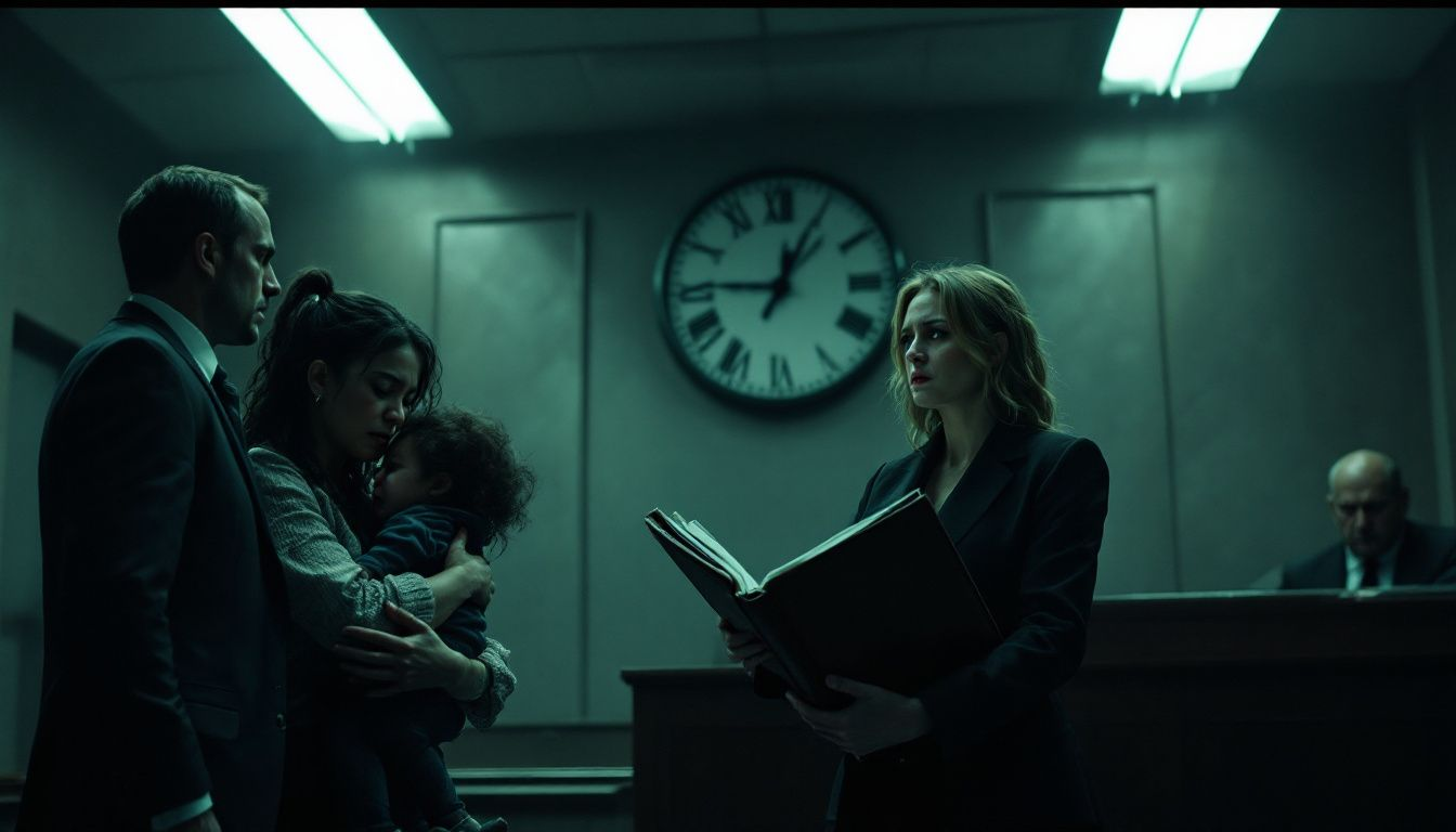A courtroom scene. One woman holds a book, standing opposite a couple with a baby. A judge sits in the background under a large clock. The setting is dimly lit.