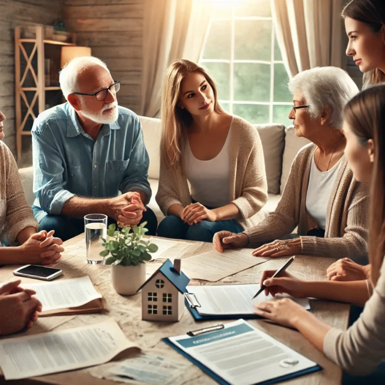 A group of six people of varying ages sit around a table in a cozy room, engaged in discussion. Papers, a miniature house model, and a clipboard with documents are on the table.