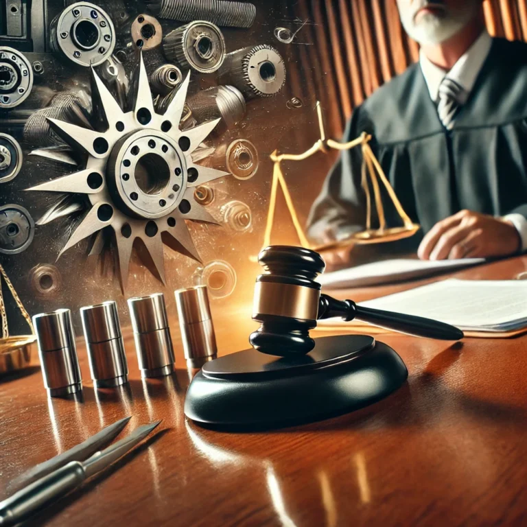 A judge in a courtroom with a gavel, legal documents, scales of justice, and mechanical gears in the background.