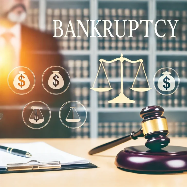 A gavel, a pen, and a document on a desk are in front of a blurred background with a person in a suit. Icons of money and a scale, along with the word "BANKRUPTCY," are overlaid.