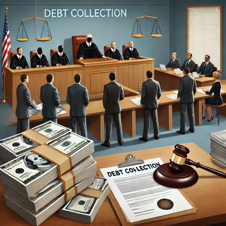 A courtroom scene for a debt collection case, with judges, lawyers, defendants, and plaintiffs. On the desk, there are stacks of cash, a debt collection document, and a gavel.