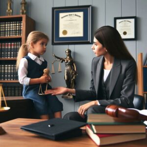 a lawyer talking to a young girl holding a teddy bear