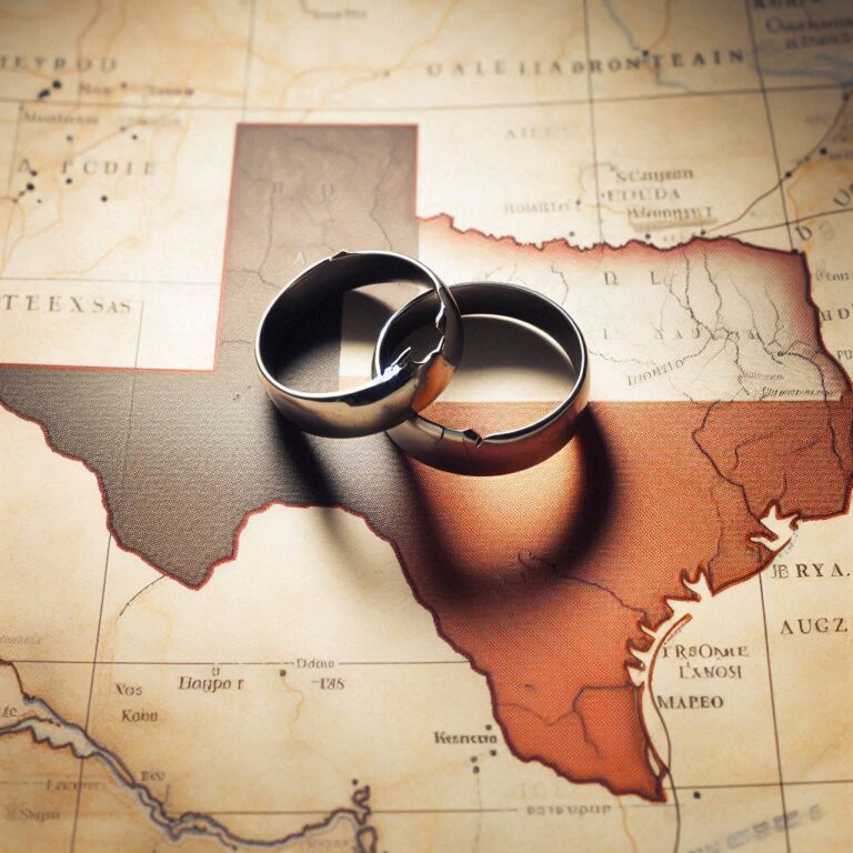 Two interlocked wedding rings rest on a vintage map of Texas, subtly hinting at the journey through life and love, where choices such as legal separation vs divorce can be significant milestones.