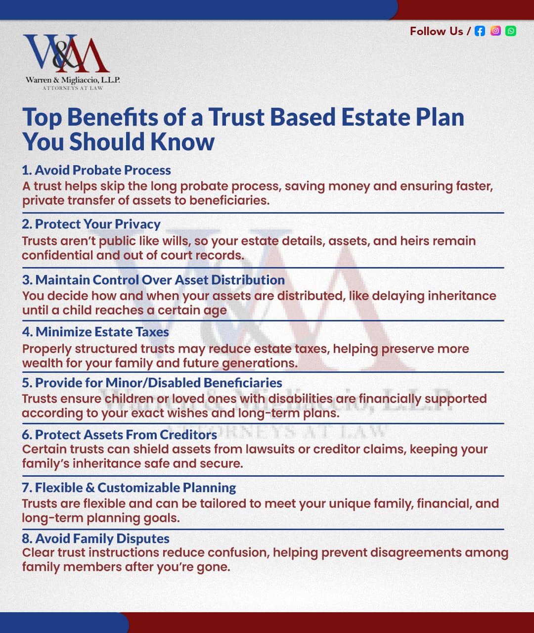 An infographic titled "Top Benefits of a Trust Based Estate Plan You Should Know" with 8 key benefits of trust planning. It explains how trusts help avoid probate, protect privacy, control asset distribution, minimize taxes, and support loved ones, including minors or disabled beneficiaries.