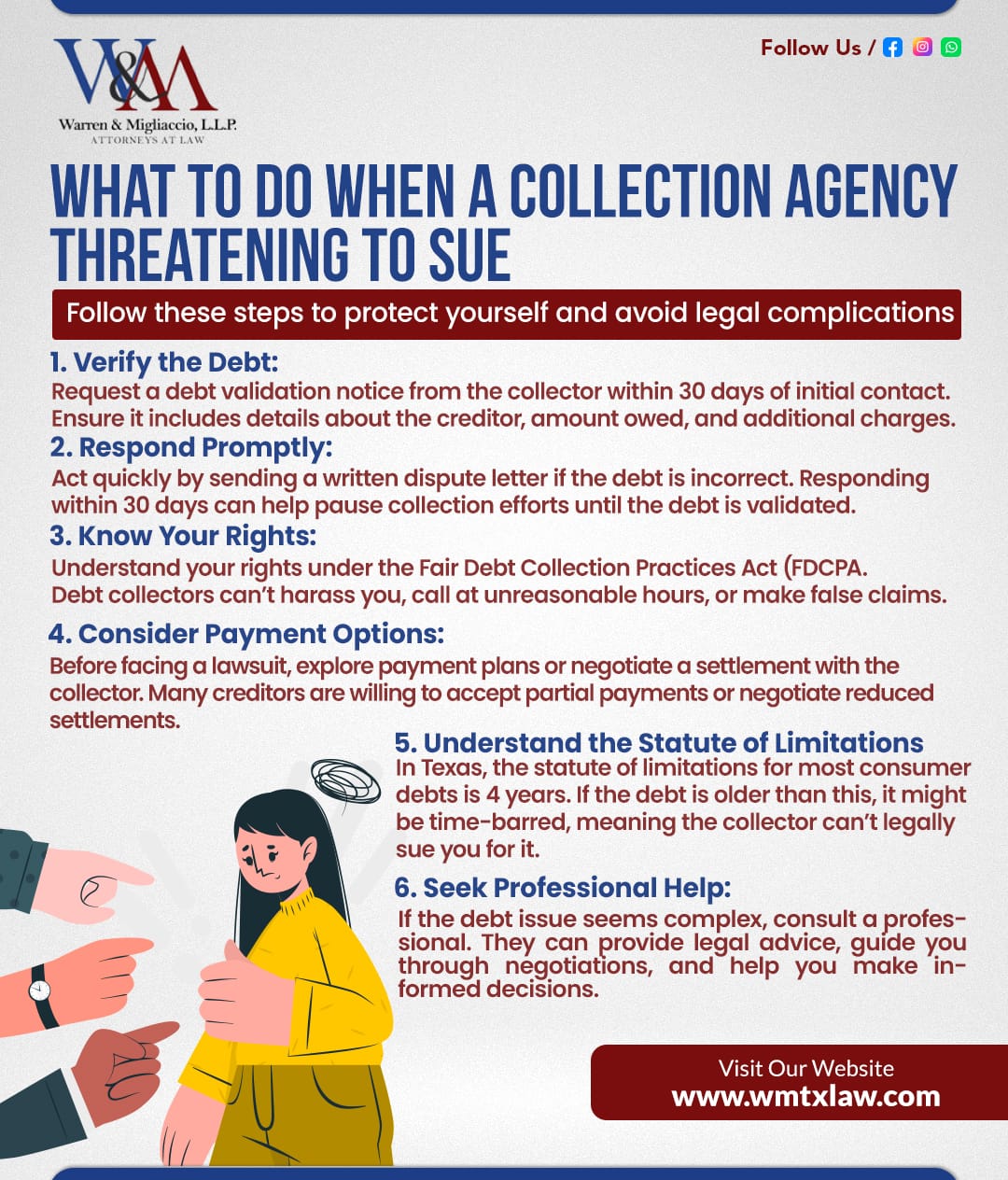 Infographic titled "What to Do When a Collection Agency Threatening to Sue" highlighting essential steps to protect yourself from legal action by debt collectors, including verifying the debt, knowing your rights, considering payment options, and understanding the statute of limitations.
