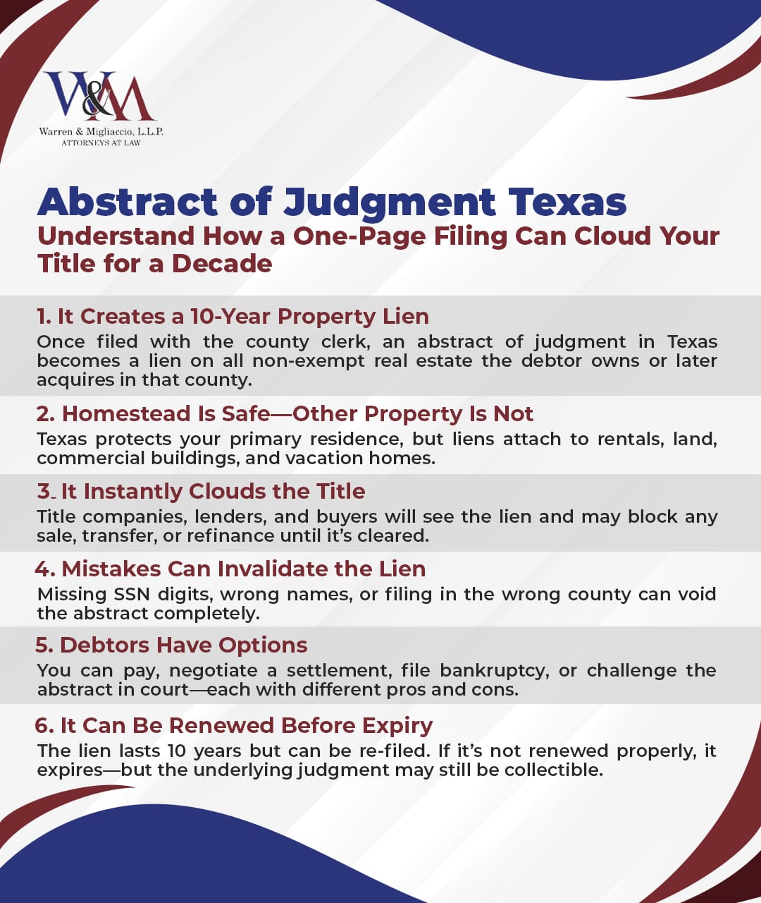 Infographic summarizing how a Texas abstract of judgment creates a 10-year lien and the options judgment debtors have.