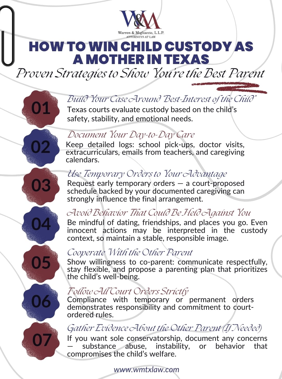 Infographic titled “How to Win Child Custody as a Mother in Texas” showing key strategies: building a best-interest case, documenting daily care, using temporary orders wisely, avoiding risky behaviors, cooperating with the other parent, following court orders, gathering evidence about the other parent, and designing a stable parenting plan.