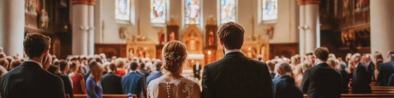 a couple getting married in a church filled wiith people