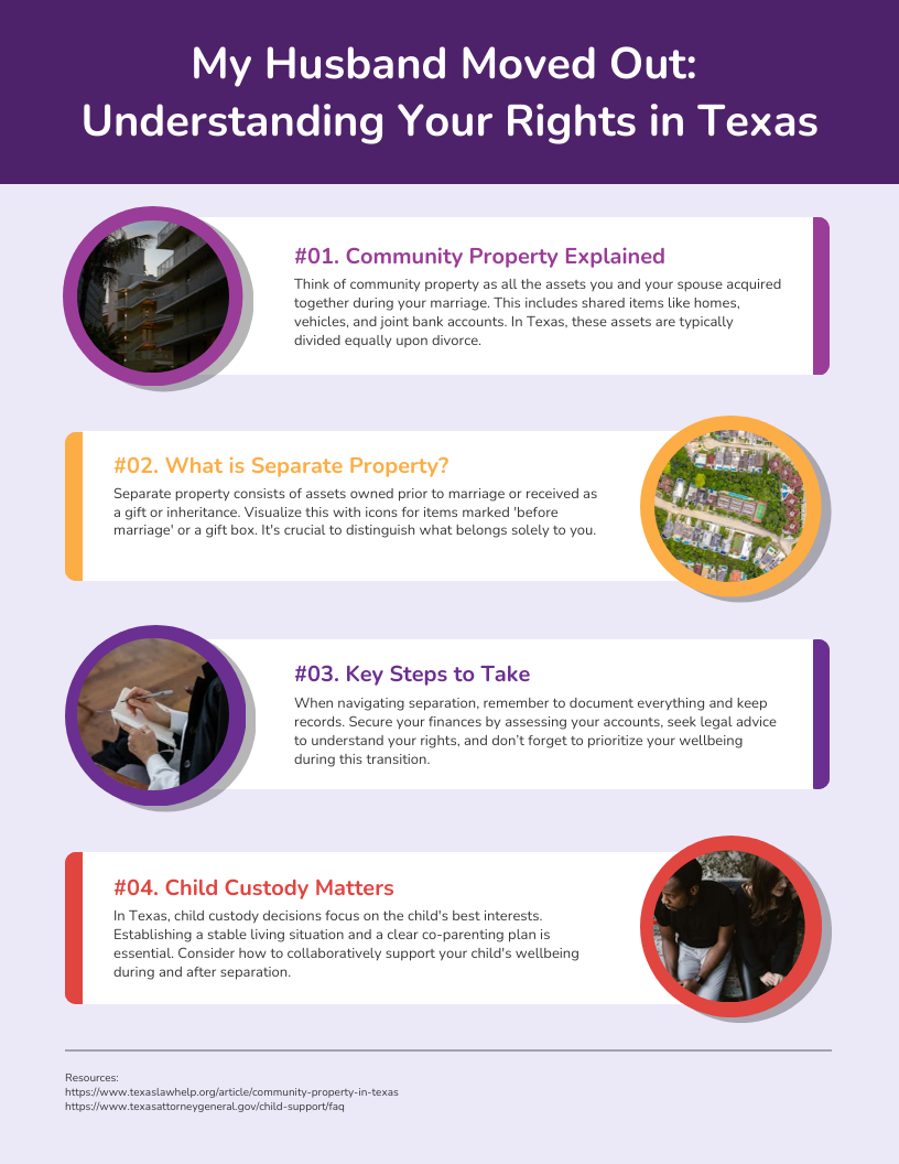 Informational poster titled "Understanding Your Rights in Texas" with sections on community property, separate property, steps to take, and child custody rights, including resource links.