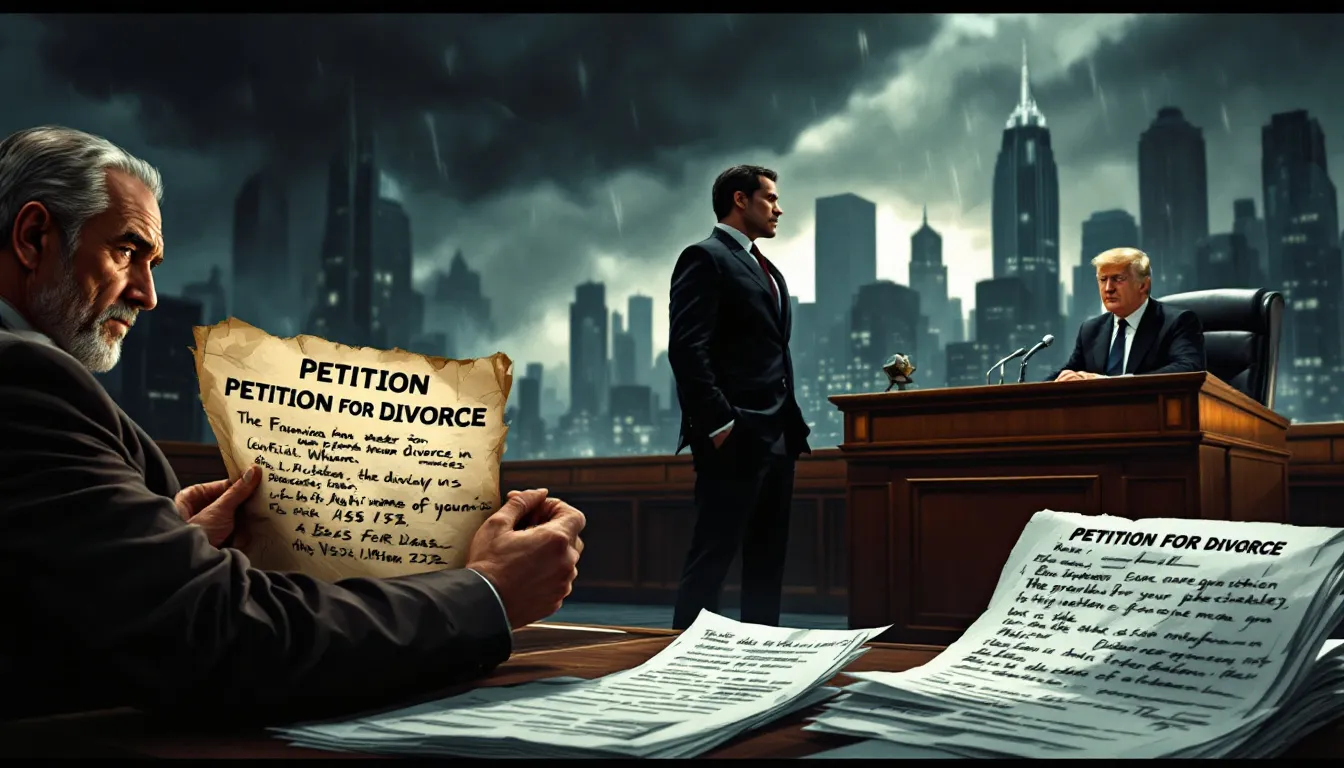 A man hands a parchment labeled "Petition for Divorce" to another man across a desk in an office, with a stormy cityscape visible through large windows in the background.