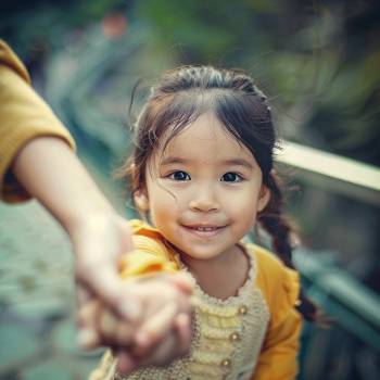 an adopted young girl holding hands with a parent being protected from identity theft