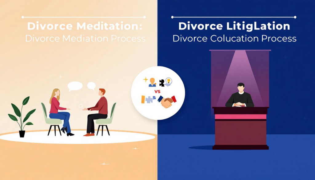 A visual representation of divorce mediation vs litigation process.