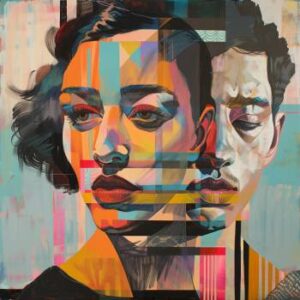 A colorful abstract painting features the overlapping faces of a woman and a man, with bright geometric patterns overlaid on their features, subtly hinting at an online affair that could affect divorce dynamics in Texas.