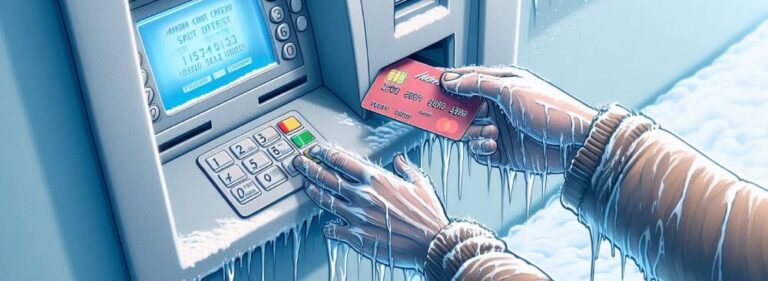 Frozen person trying to use their debit card at the atm.