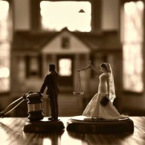 Bride and groom next to a gavel and the justice scales.