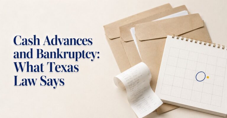 Cash Advances and Bankruptcy article title over envelopes, a cash receipt, and a calendar. Warren & Migliaccio, L.L.P.