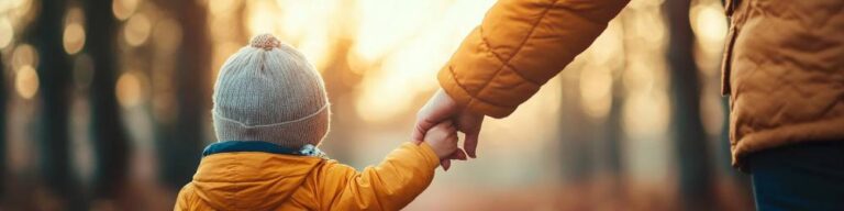 a young child in a yellow winter jacket holding hands with their mom while out on a walk