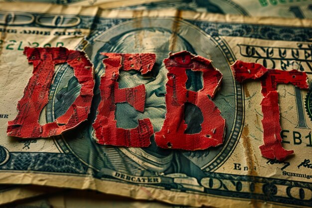 The image features bold, distressed red text spelling "DEBT" over a crumpled U.S. dollar bill background. The worn texture of the letters, combined with the faded appearance of the money, conveys a sense of financial strain or burden, symbolizing the impact of debt on personal or economic stability.