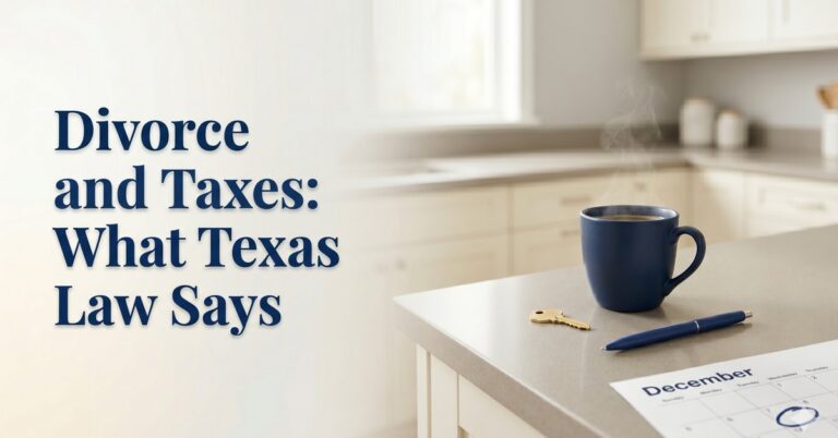 A blue mug, a key, a pen, and a December calendar sheet on a kitchen counter; text reads "Divorce and Taxes: What Texas Law Says About Tax Implications.