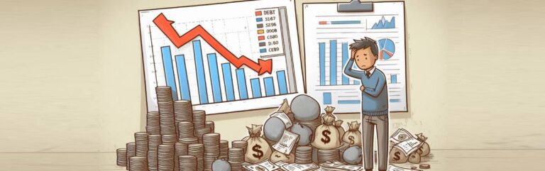 graphic showing a man drowning in debt with a chart behind him showing his money going down to zero