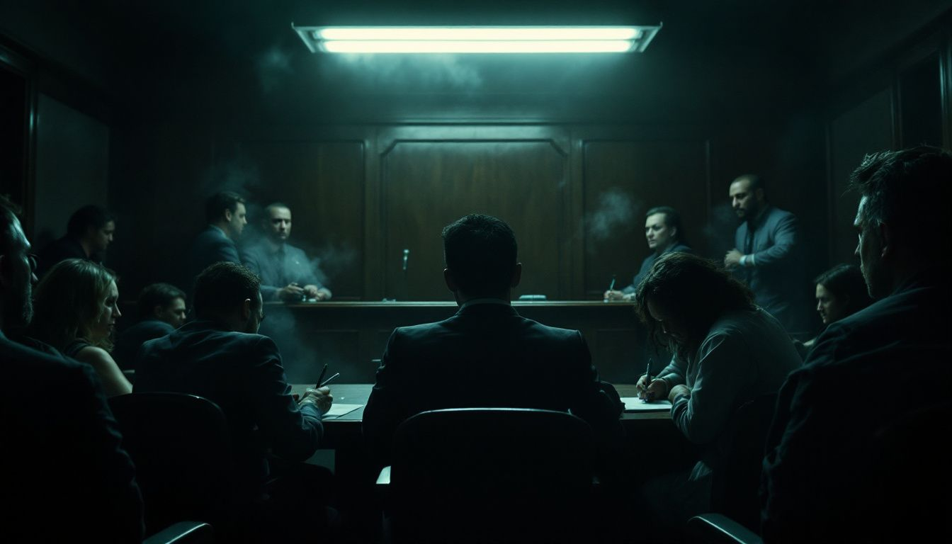 A dimly lit conference room with people sitting around a table, some smoking. The setting appears tense and serious, with a focus on a central figure at the head of the table.