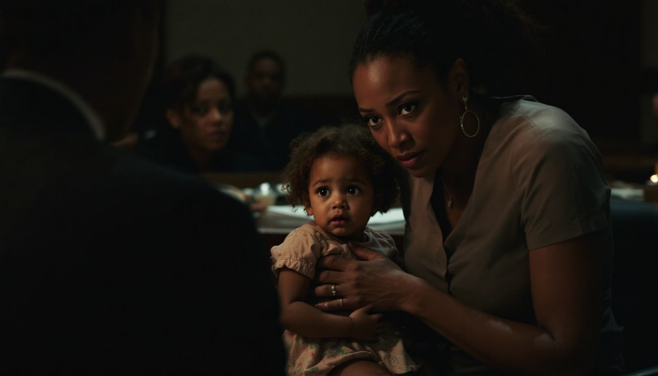 A woman holds a toddler on her lap, looking intently at a person off-camera in a dimly lit room with others in the background.