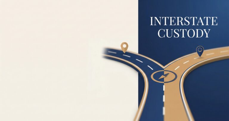 A graphic shows a split highway with map pins and a compass symbol, next to the text "INTERSTATE CUSTODY" on a blue and beige background.