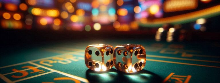 two dice sitting on a craps table with bright lights in the background