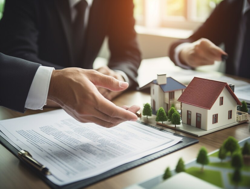 A person's hand gestures towards two small house models placed on a table next to a document, while another person points at the document, seemingly discussing whether a will overrides a trust.