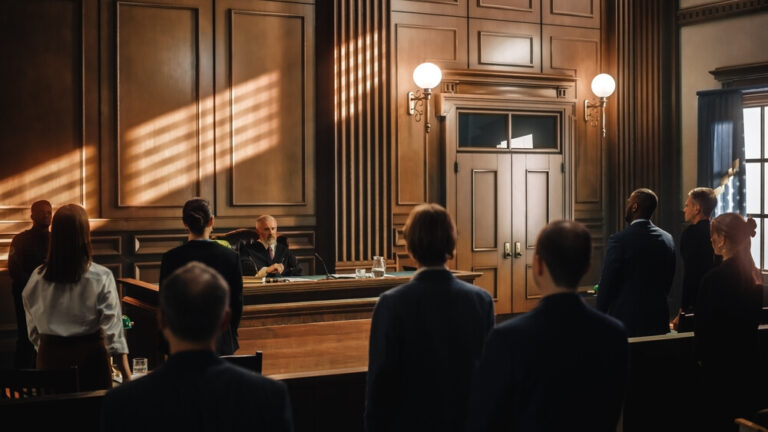 People in a court house, the judge is sitting in the middle and everyone else in the court room is standing