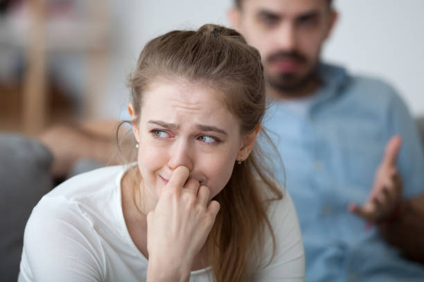 Stressed woman crying feeling depressed offended by controlling husband tyrant blaming wife of problems in unhappy marriage, sad girl in tears worried about family fight and relationships problems, How to break up gracefully