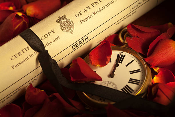 "When your time comes to an end, as symbolised by a pocket watch set to midnight, laying in a bed of red rose petals, with a United Kingdom Death Certificate, tied with a black ribbon."