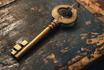 a key sitting on an old table