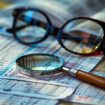 a magnifying glass and a pair of glasses sitting on top of tax papers