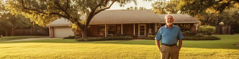 an older man standing on the lawn of his house