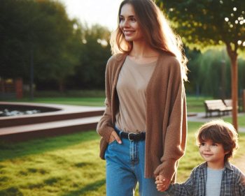 a young mother holding hands with her son in a park after divorciing a gambling addict