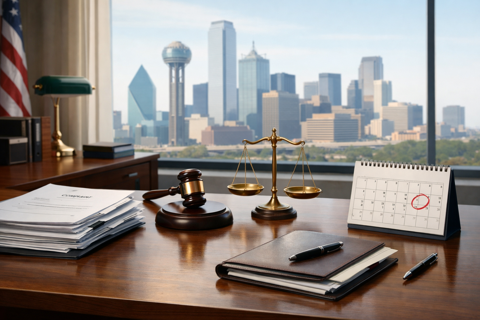 Attorney organizing Nebraska Furniture Mart lawsuit documents and Answer deadline calendar in Texas