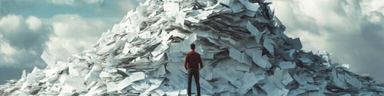 a person being dwarfed by a giant mountain of overdue bills and debt