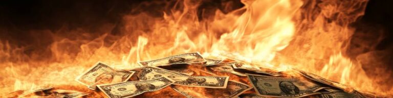 a huge pile of money on fire burning