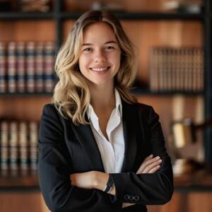 A woman with long blonde hair in a black blazer and white shirt stands with her arms crossed, smiling in front of bookshelves, exuding confidence as a Texas pro-bono divorce attorney.