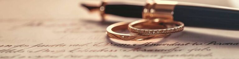 Two gold rings, one plain and one with small stones, lie on a handwritten prenup document beside a pen.