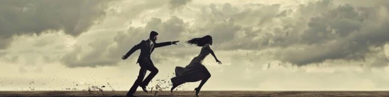 A man in a suit and a woman in a dress run across a barren landscape under a cloudy sky, with the man reaching out toward his ex-wife.