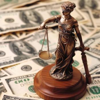 scales of justice sitting on a pile of money in a debt collection lawsuit in Texas