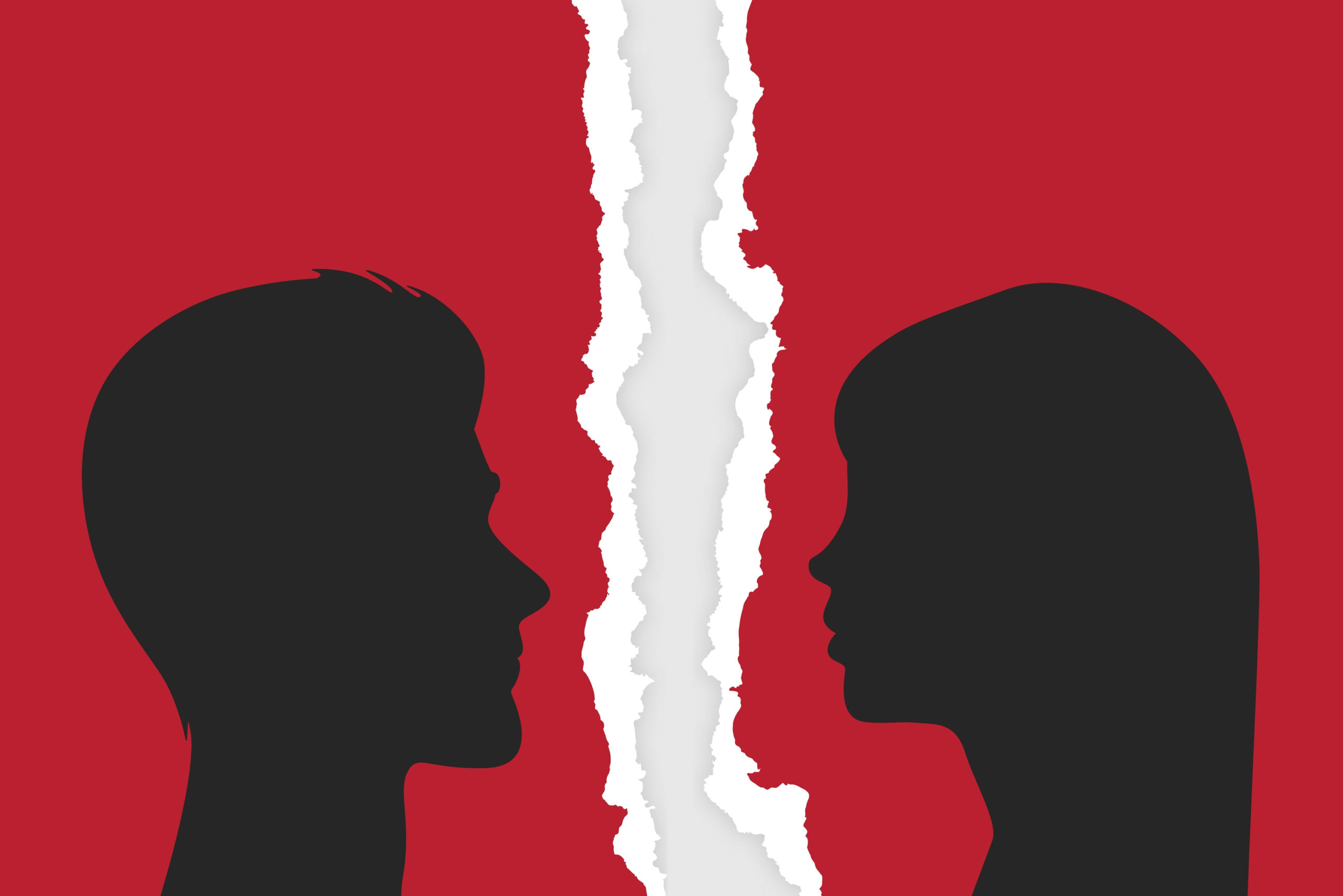 Divorce Couple. People - Man and Woman - Silhouette Closeup on Torn Ripped Paper Background. Quarrel, Scandal, Relationship Problems Concept. Stock Vector Illustration