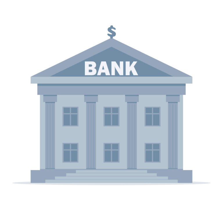 An image of a bank building against a white background with a dollar sign on the top of the building