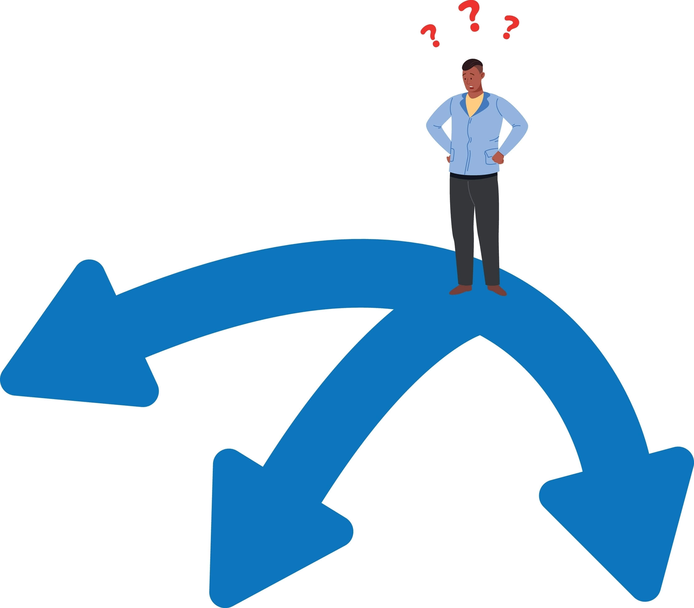 A cartoon image of a man standing at the end of three different arrows going in different directions and the man has three question marks above his head