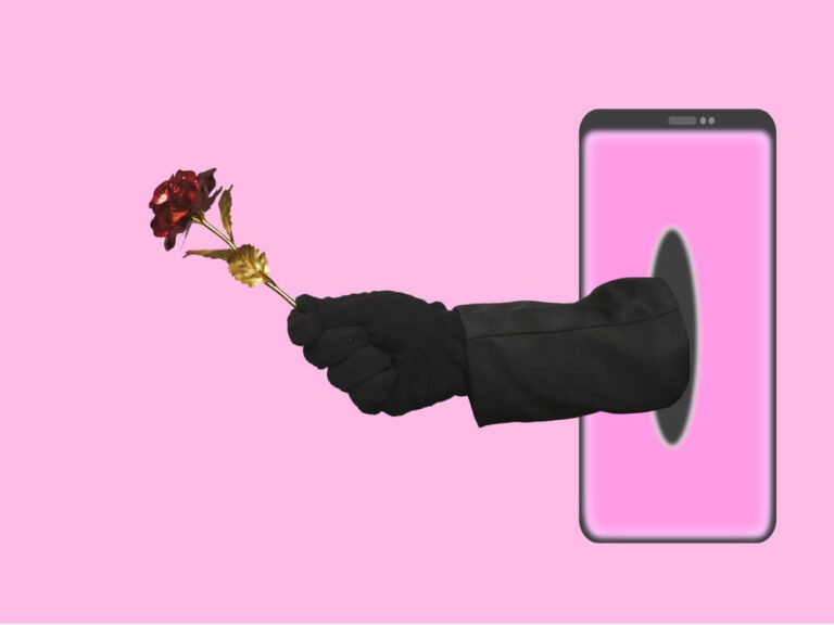 A pink background with and outline of a cell phone and a hand covered in black reaching out of the phone with a red flower